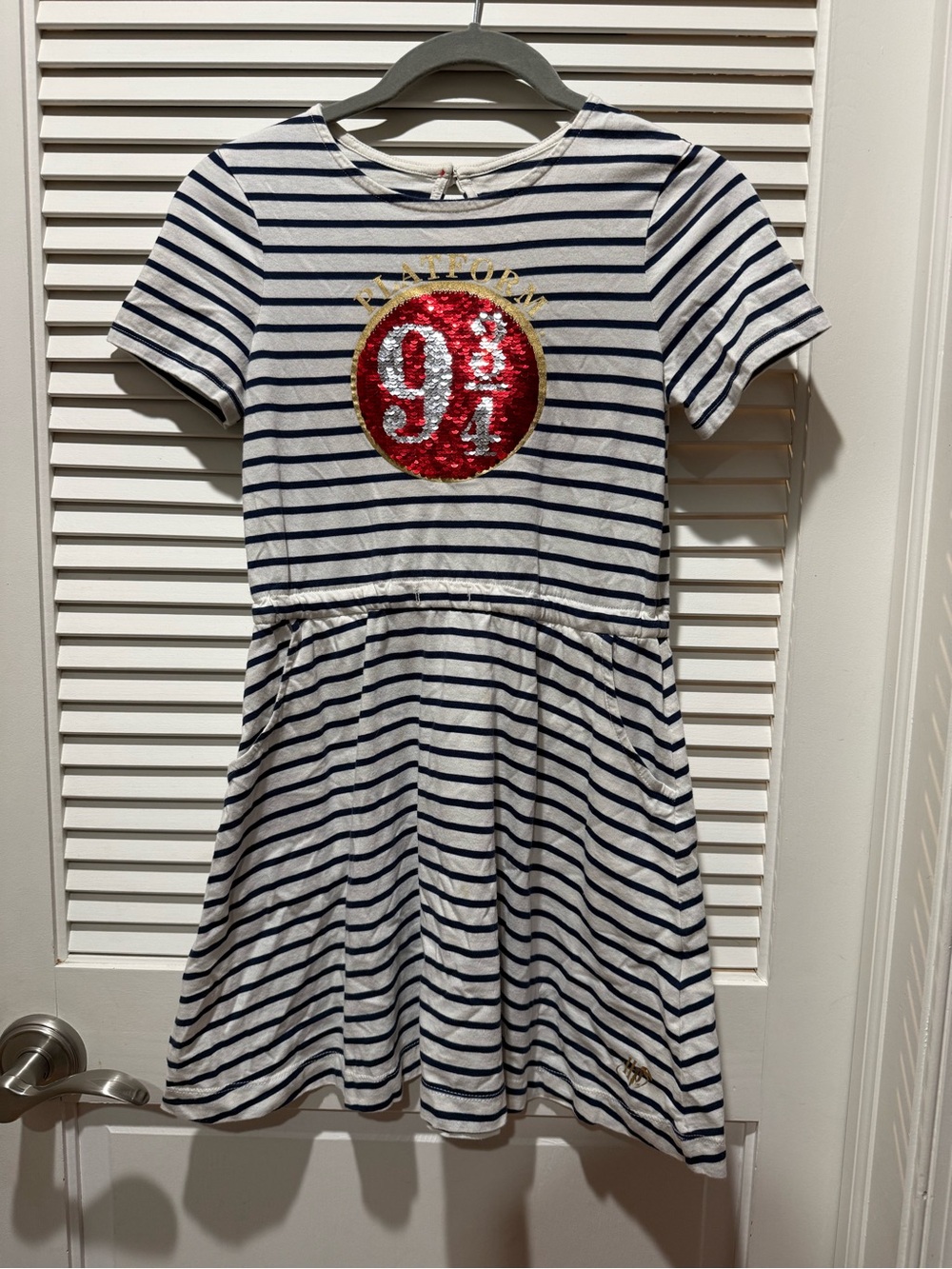 Mini Boden White & Navy Striped Sequin Flip Harry Potter Dress 9-10Y